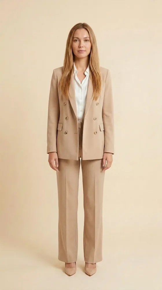 Model wearing a tailored blazer, front view
